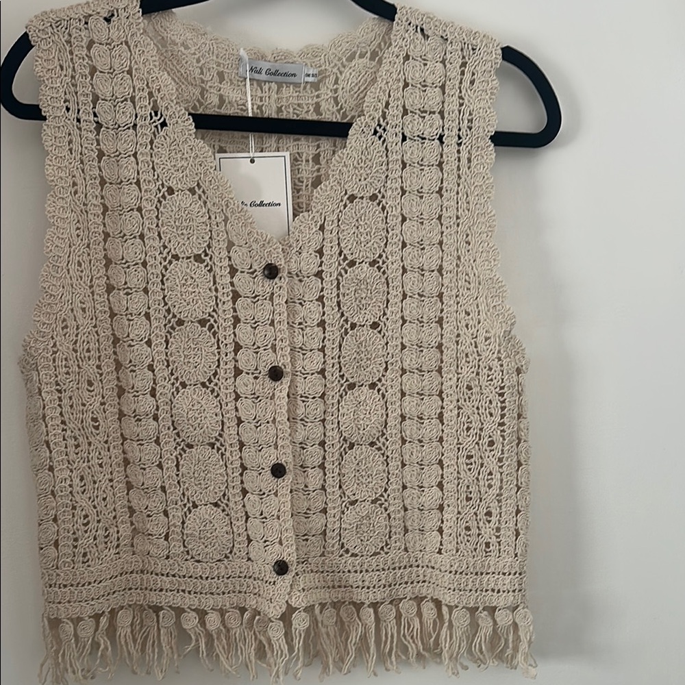 Nali Collection Cream Crochet Top with Fringe